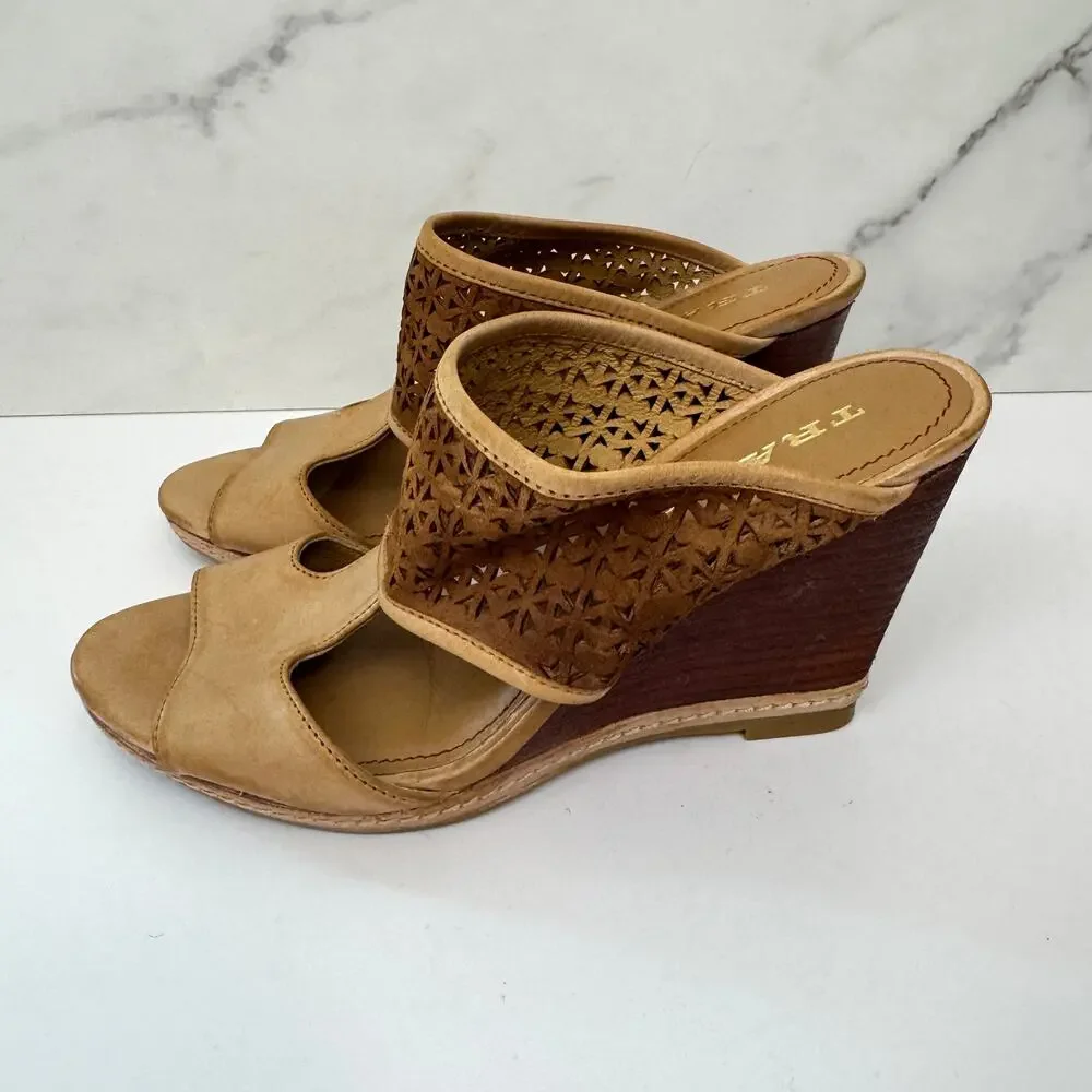 Trask Womens Payton Perforated Wedge Sandals Size 6.5 Leather Boho Minimal Tan